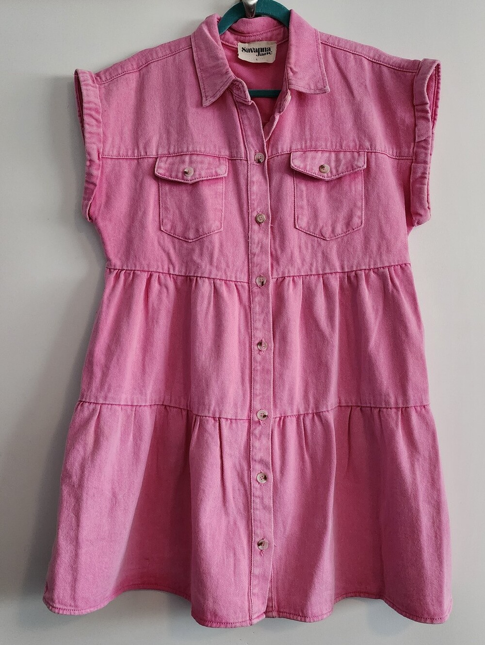 Savanna Jeans Pink Button-Front Tiered Pink Denim Dress Size L